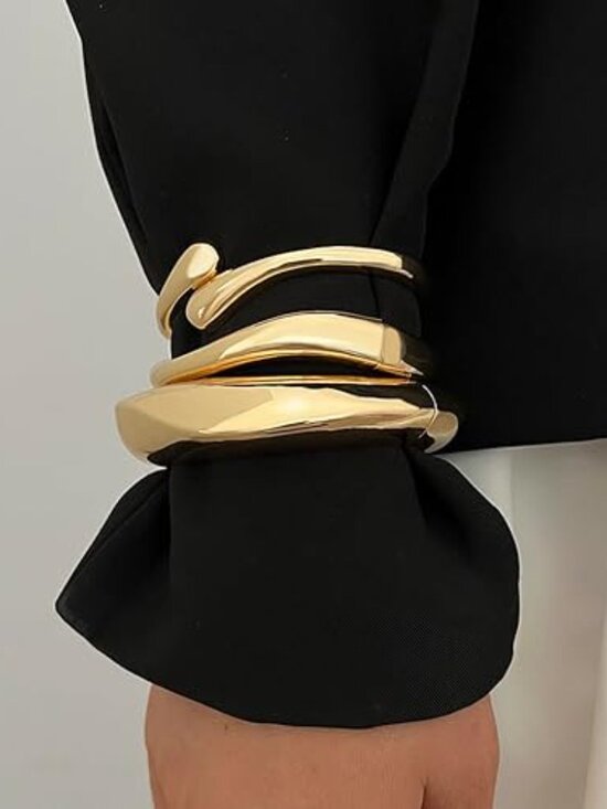 Chunky Gold Bangle Bracelets 14k Gold Plated Bangles Set Statement Cuff 3 Pc - Picture 2 of 4